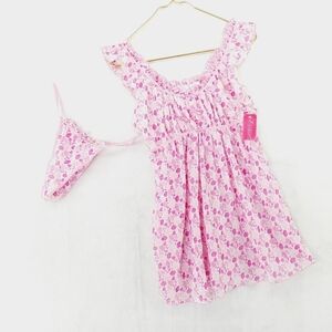 NEW Sears Enchanting Missy Baby Doll Pink Floral Sexy Mini Thong Set Dress P3409